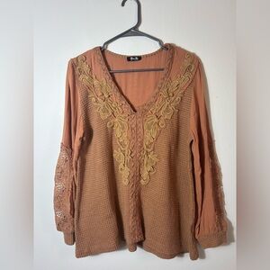 Miss Me Burnt Orange and Tan Lace Blouse